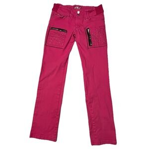 Platinum Plush Y2K Pink Studded Skinny Jeans Girls 9 Zipper Pocket Moto Pants